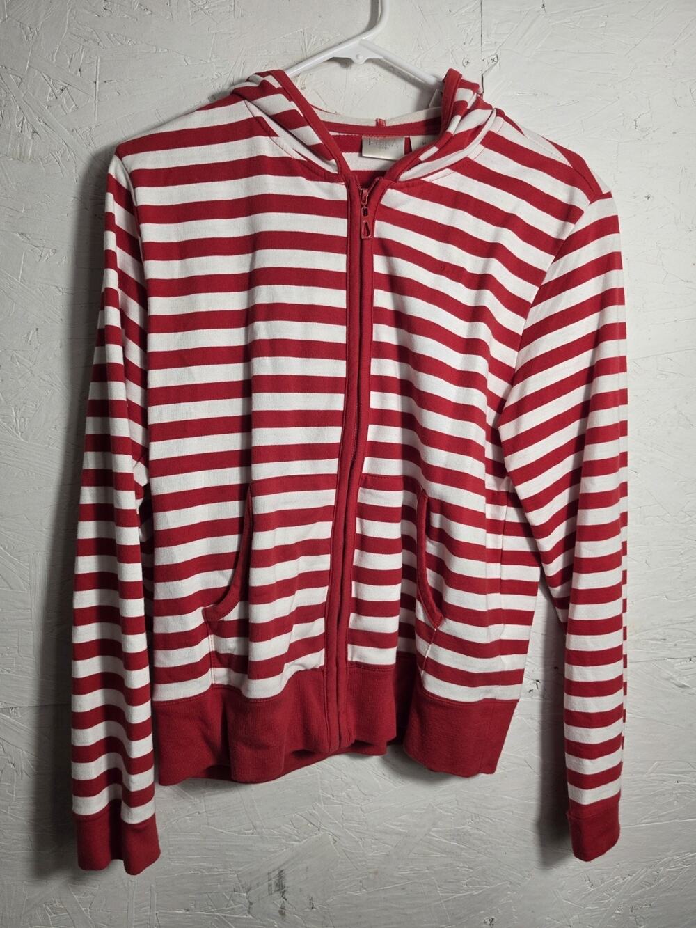 Erika Sports Hoodie Zipper Front Red & White Stripes Size Medium